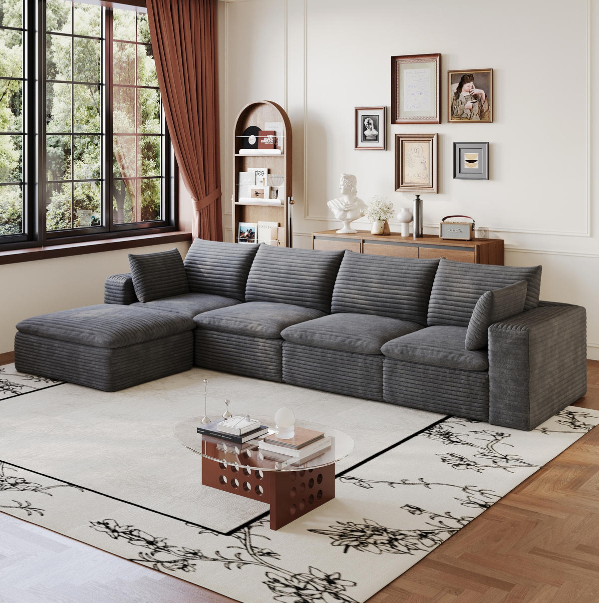 ECKSOFA aus Stoff 340 cm Dunkelgrau mit flexiblem Aufbau und Schaumstoffkern - Dunkelgrau, Textil (340/160cm) - Modfu