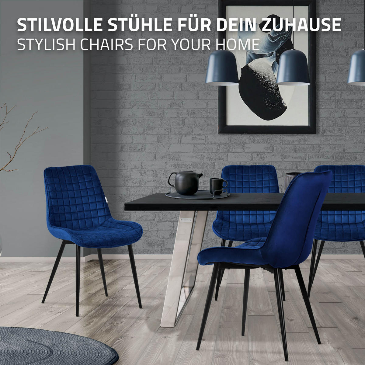 ESSZIMMERSTÜHLE 2ER-SET Dunkelblau Samt - Schwarz/Dunkelblau, Textil/Metall (52/89/60cm) - ML-DESIGN