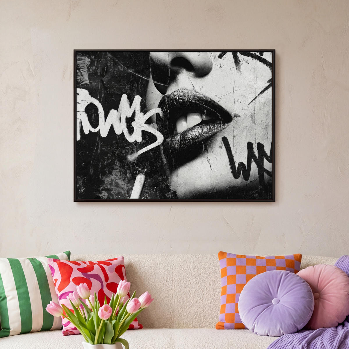 LEINWAND Bilder mit Rahmen - Gesicht - Mund - Graffiti - Schwarz - 70x50 - Schwarz, Textil (70/50cm) - MuchoWow