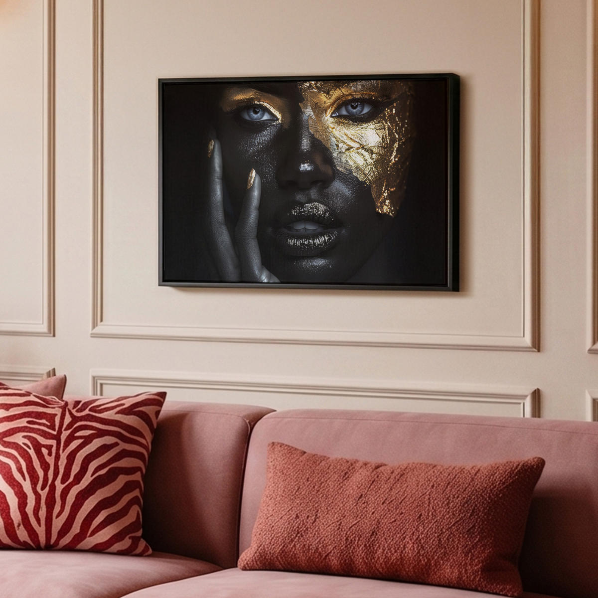 LEINWAND Bilder mit Rahmen - Frau - Gold - Porträt - Schwarz-Weiß - Luxus - 60x40 - Hellblau, Textil (60/40cm) - MuchoWow