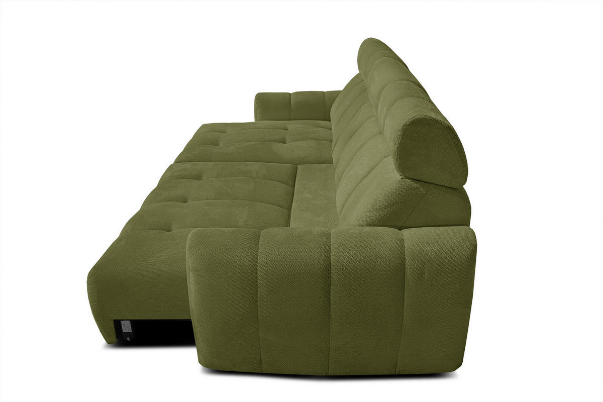 ECKSOFA KIMI 3-Sitzer, ausziehbarer Sitz, verstellbare Kopfstützen, olivgrün - Schwarz/Olivgrün, Holzwerkstoff/Textil (270/160cm) - Courtois Laville