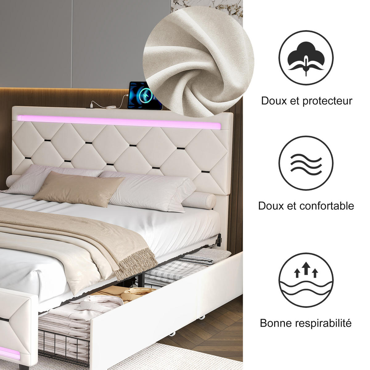 POLSTERBETT 140x200 cm LED USB 4 Schubladen Lattenrost cremeweiß - Weiß, Holz (140/200cm) - LEBENLANG