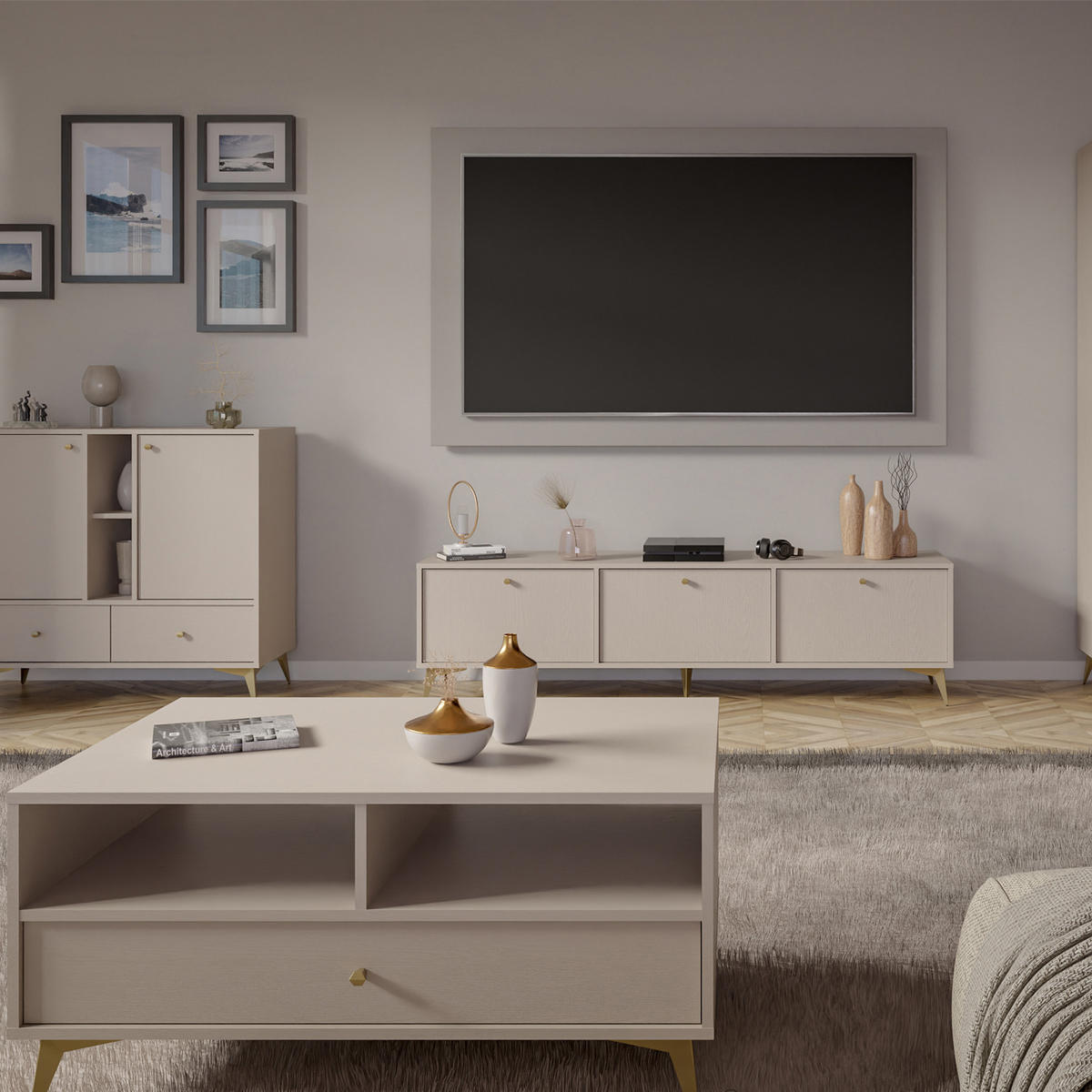 KOMMODE FLOREN, Creme/Gold - Creme, Holzwerkstoff/Metall (83.6/72.4/40.8cm) - KONSIMO®
