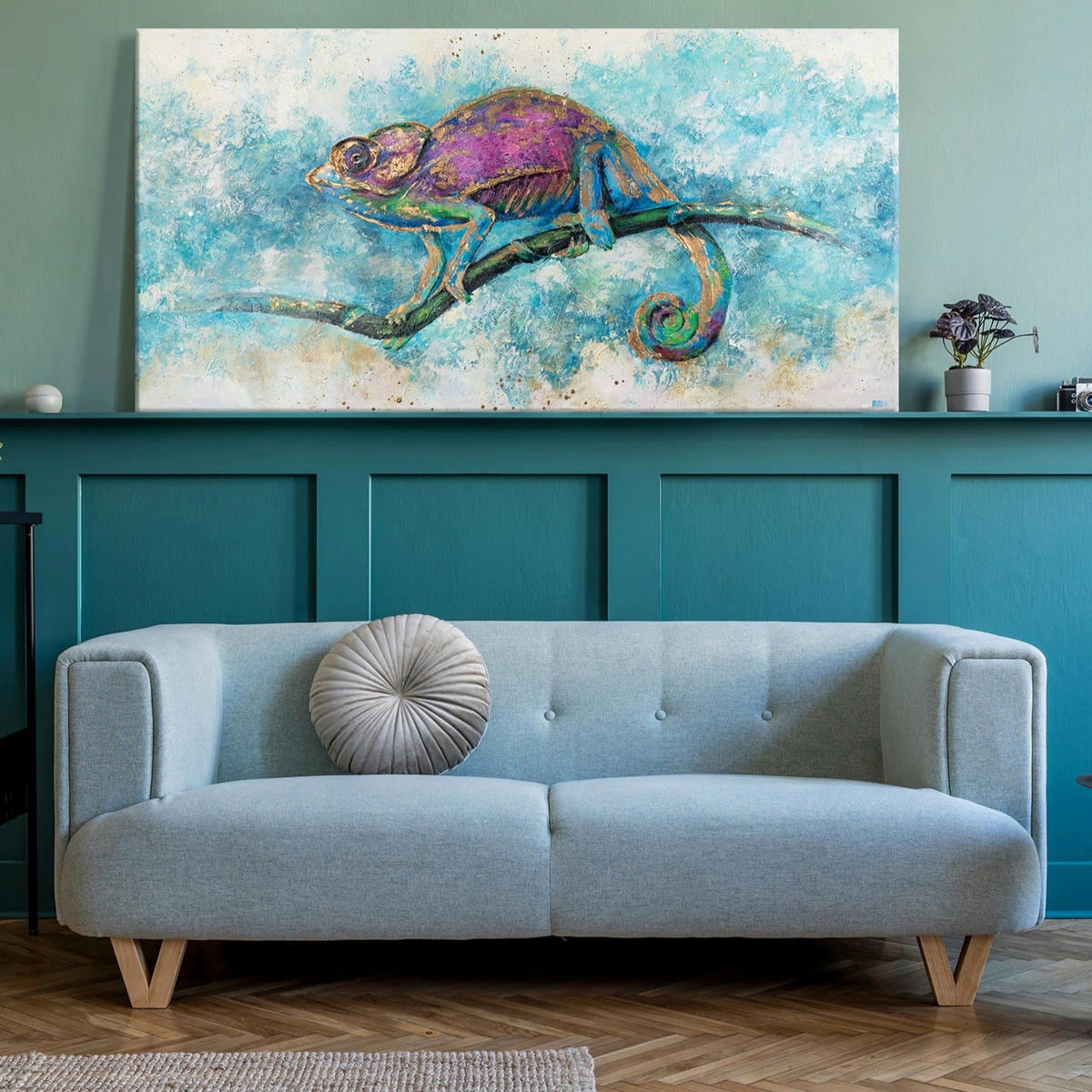 GEMÄLDE Leguan auf Keilrahmen 140x70 cm - Türkis, Holz (140/70cm) - YS-art gallery