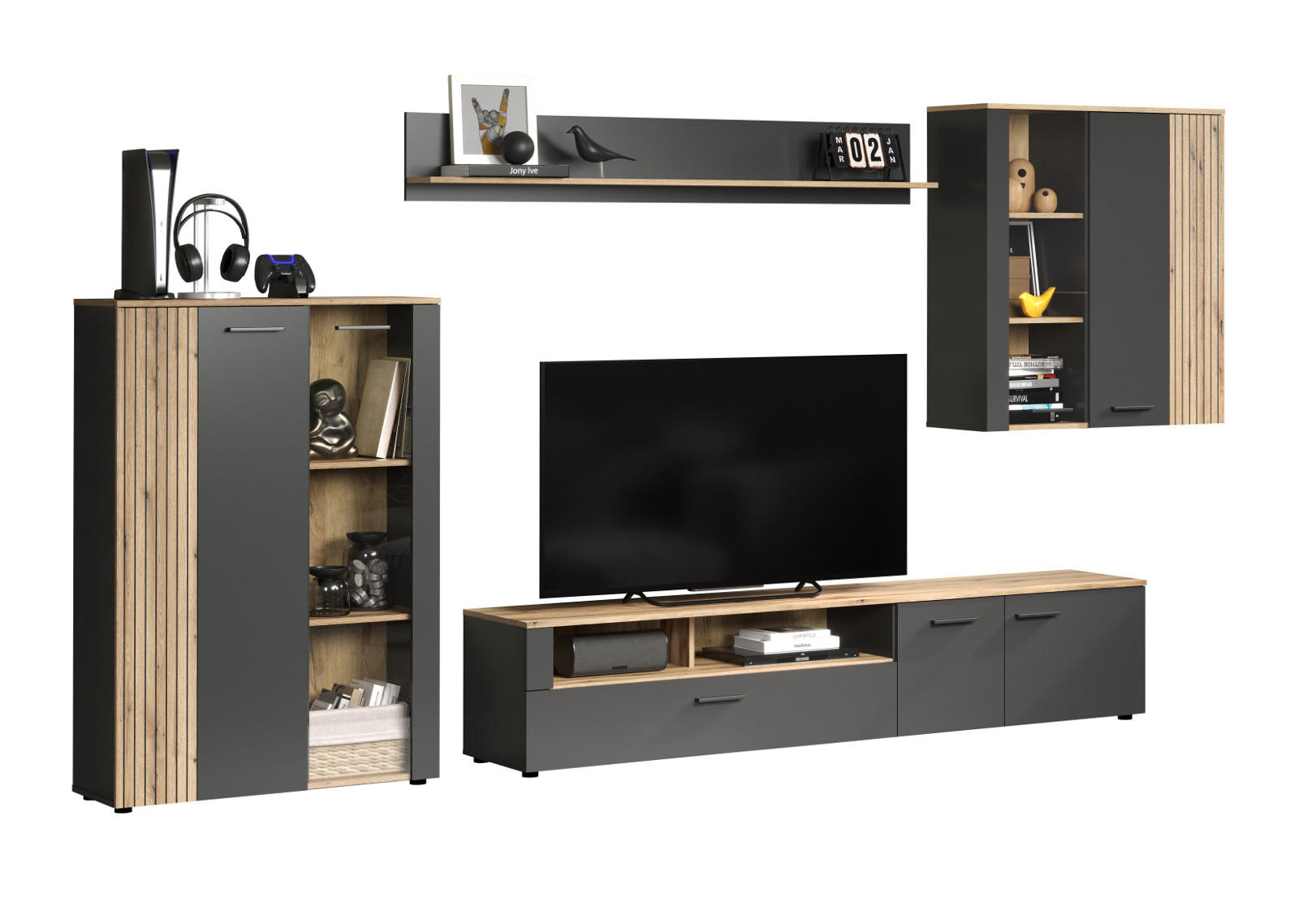 WOHNWAND grau, Evoke Eiche 4-teilig 340 cm, Schrankwand mit viel Stauraum - Eichefarben/Anthrazit, Holzwerkstoff/Kunststoff (167/25/18cm) - Top.Furn