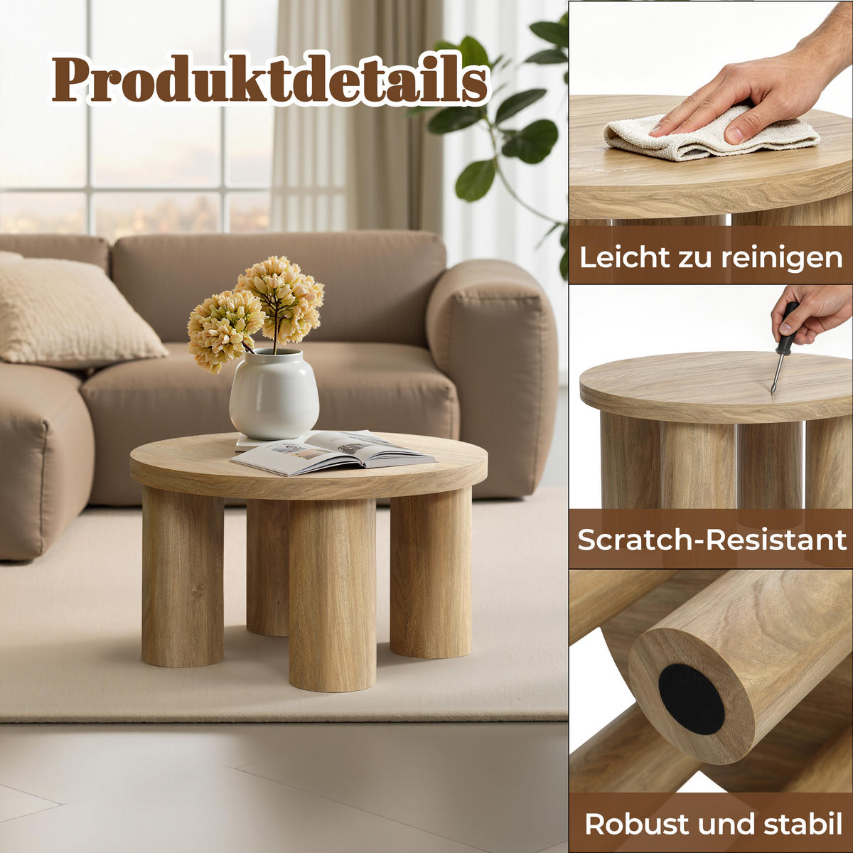 RUNDER Couchtisch aus Holz in Eichenoptik mit 4 Säulenbeinen | Ø70 x H40 cm - Braun, Holzwerkstoff (70/70/40cm) - Hometopia