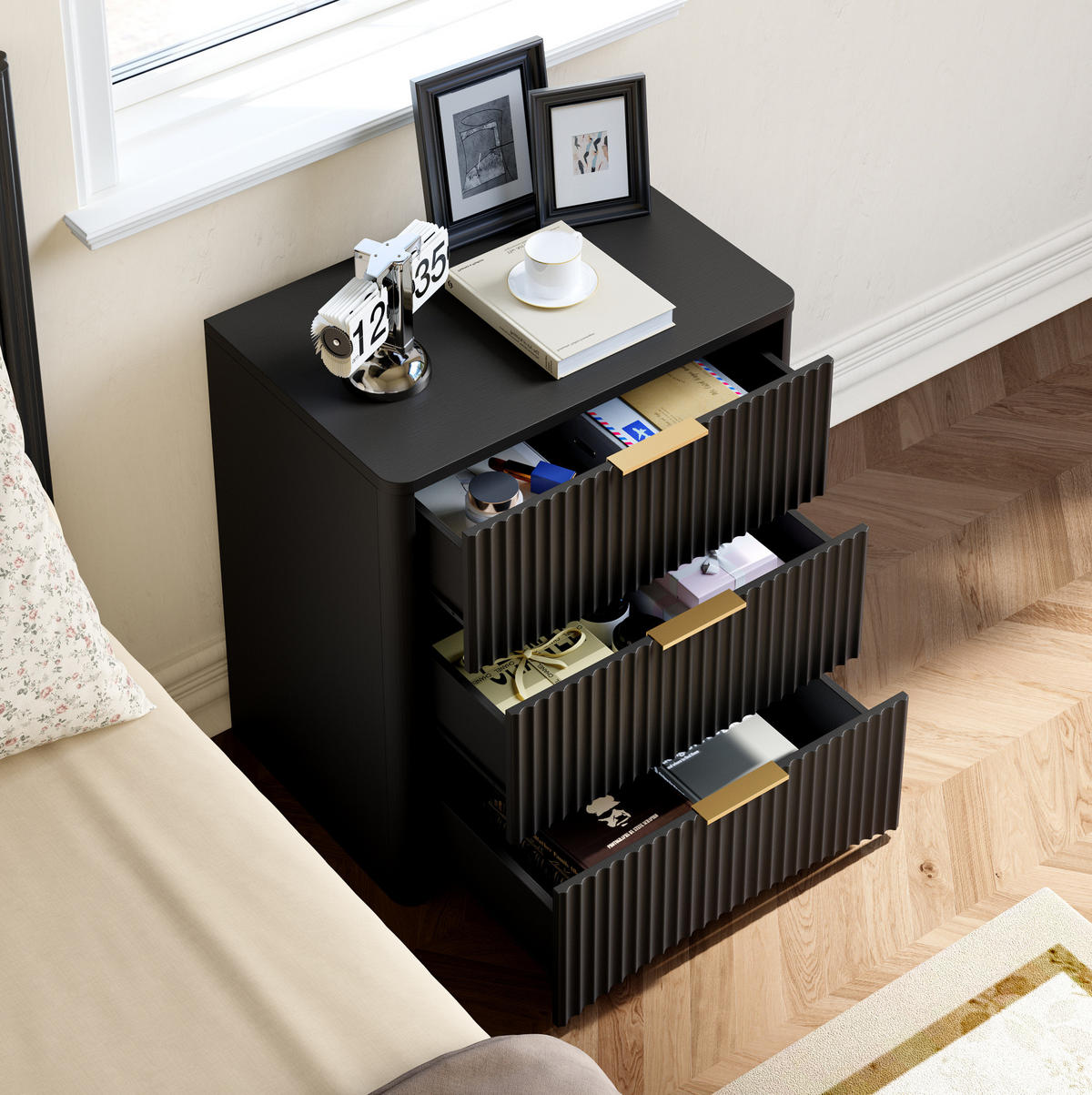 NACHTTISCH 58/64/38 cm Schwarz aus MDF mit 3 Schubladen - Schwarz, Holzwerkstoff (58/64/38cm) - OKMYHOME