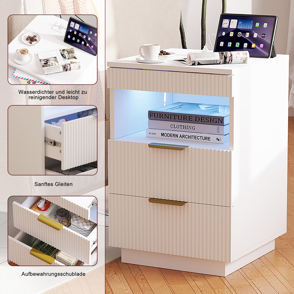 NACHTSHRANK Weiß mit LED-Beleuchtung, Steckdose, USB & Type-C, Nachttisch mit 2 Schubladen, 40/40/60 cm - Goldfarben/Weiß, Holz/Metall (40/60/40cm) - BPKADHY