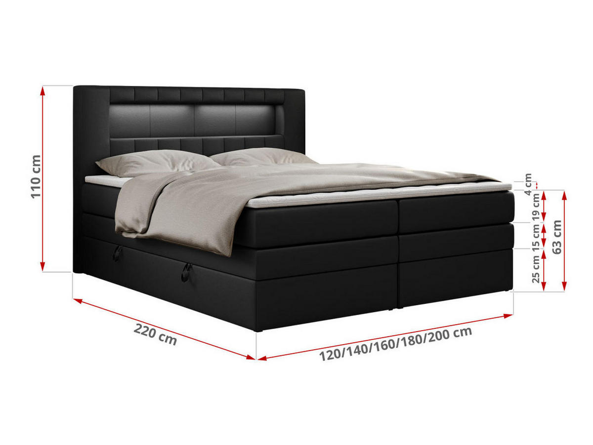 BOXSPRINGBETT GOLD-5 KING LED 160/200 Schwarz Kunstleder - H3 - Schwarz, Holz/Textil (160/200cm) - MKS