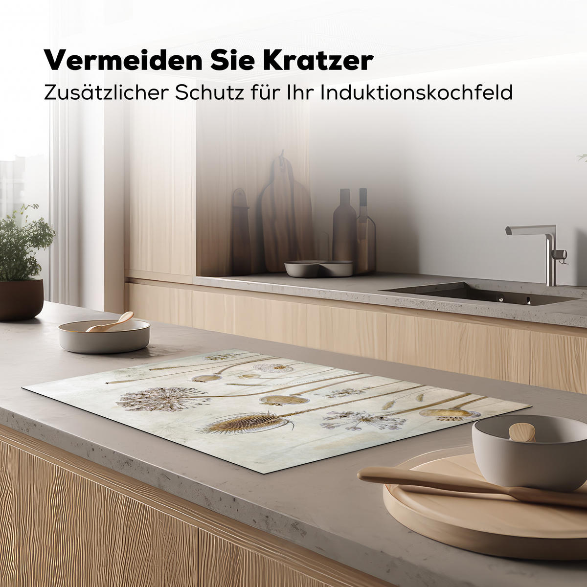 HERDABDECKPLATTE Blumen - Aquarell - Stilleben - Braun - Vintage 81x52 cm - Sandfarben, Kunststoff (81.2/0.2/52cm) - MuchoWow