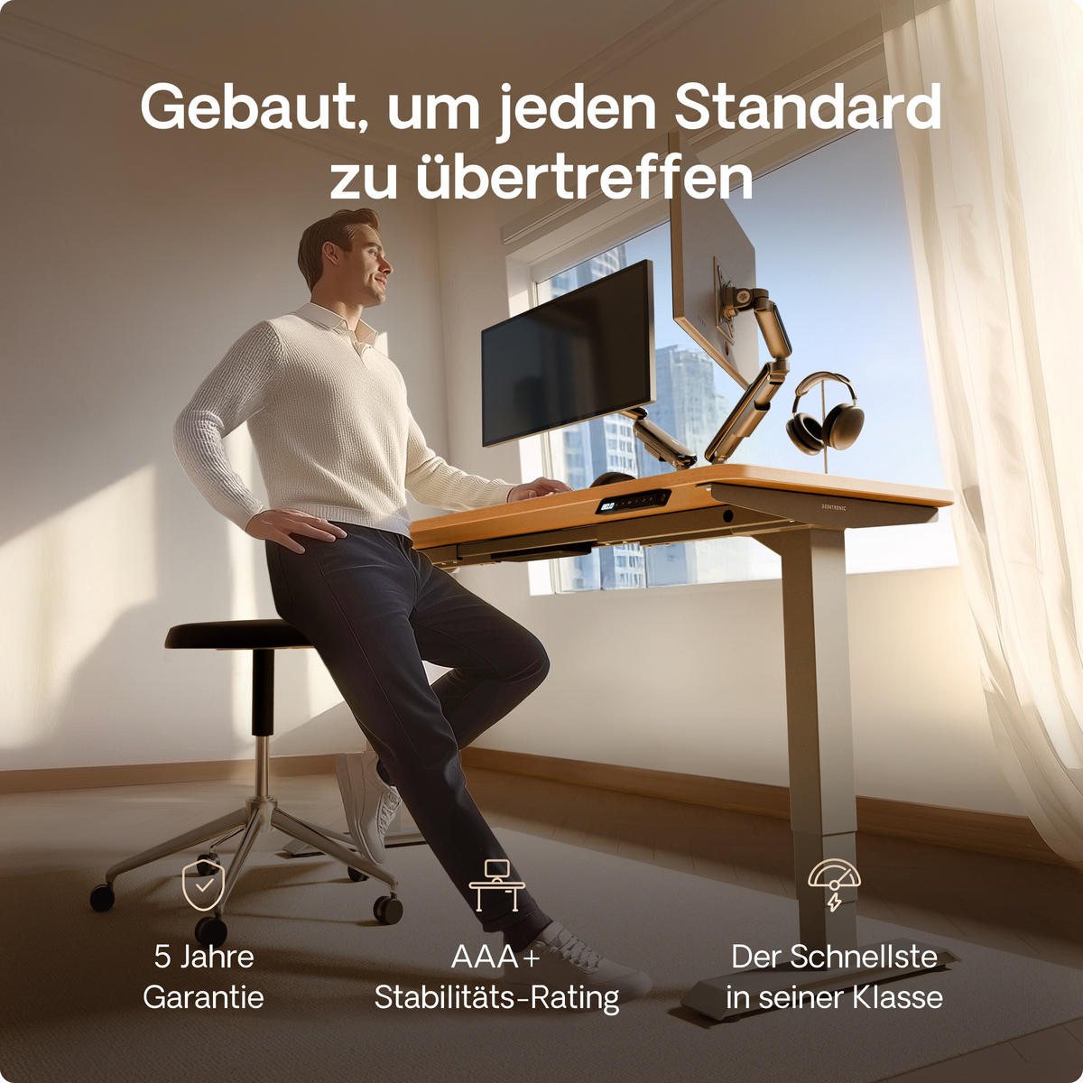 SCHREIBTISCH Elektrisch Höhenverstellbarer HomePro 120x60cm Grau/Eiche mit Memory-Funktion, Anti-Kollisions Technologie - Eichefarben/Grau, Holzwerkstoff (60/120/62cm) - Desktronic