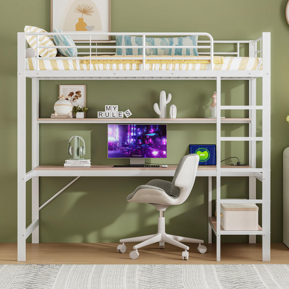 HOCHBETT 90/200 cm aus Metall und MDF mit Schreibtisch, Regal, LED, USB und Steckdose Weiß - Weiß, Metall (90/200cm) - Modenvie