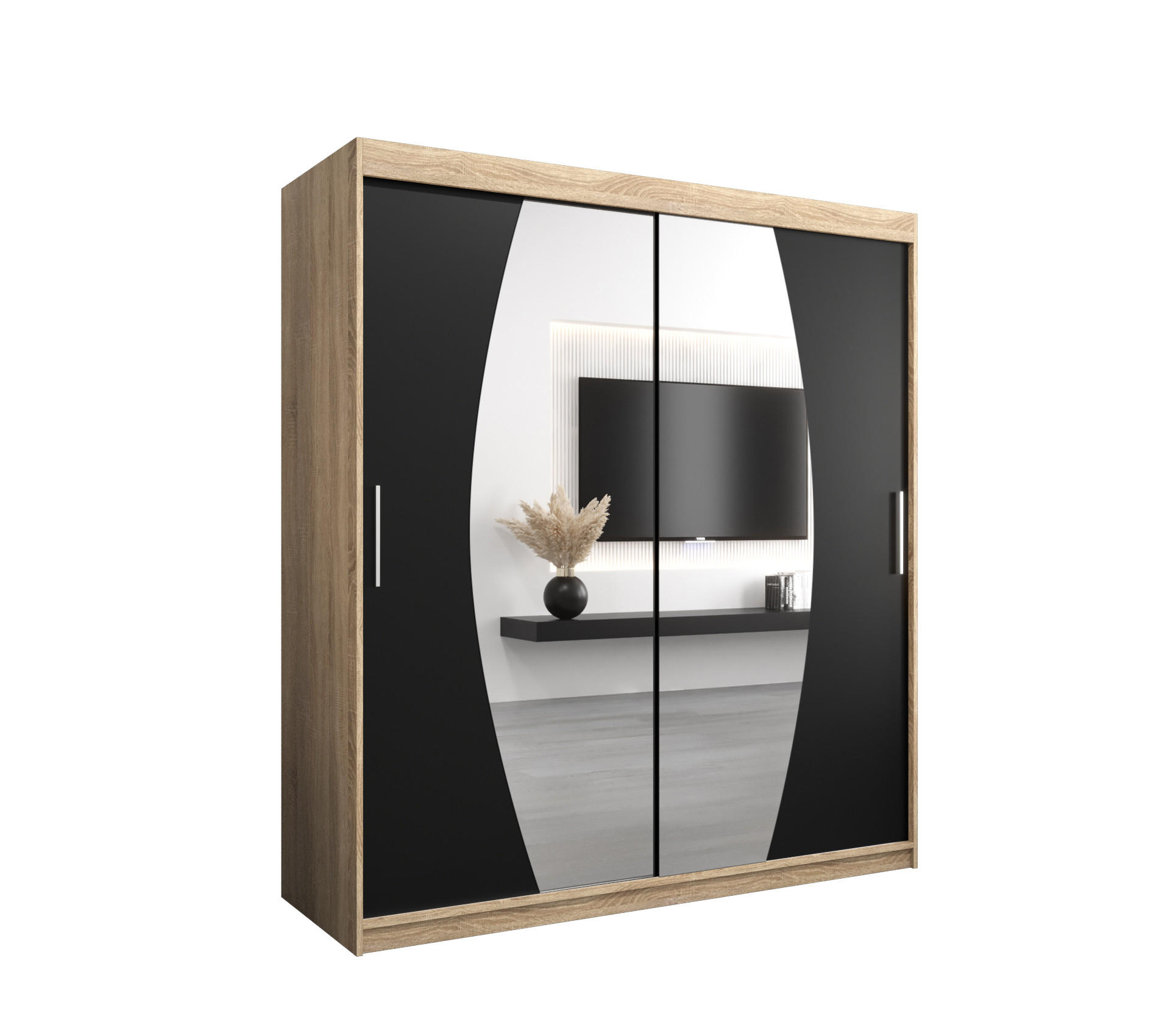Abiks Möbel Schwebetürenschrank Sonoma Eiche, Schwarz 180x200x62 cm