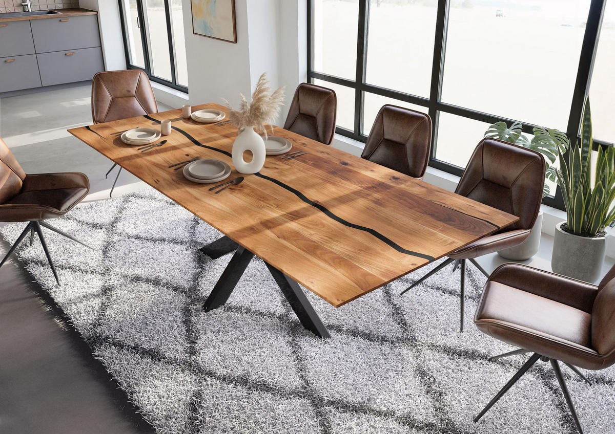 ESSTISCH Mango 240x100x74 natur lackiert / Epoxid schwarz, Kreuzgestell anthrazit glänzend EPOXY - Naturfarben, Holz (240/100/74cm) - Massivmoebel24