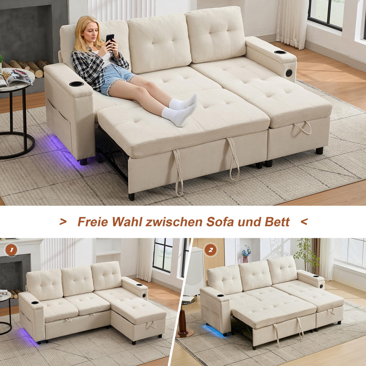 SCHLAFSOFA, Stoff mit Stauraum & LED-Lichtleiste, 208/146/89,5 cm, Beige - Beige, Textil (146/89.5/208cm) - Redom