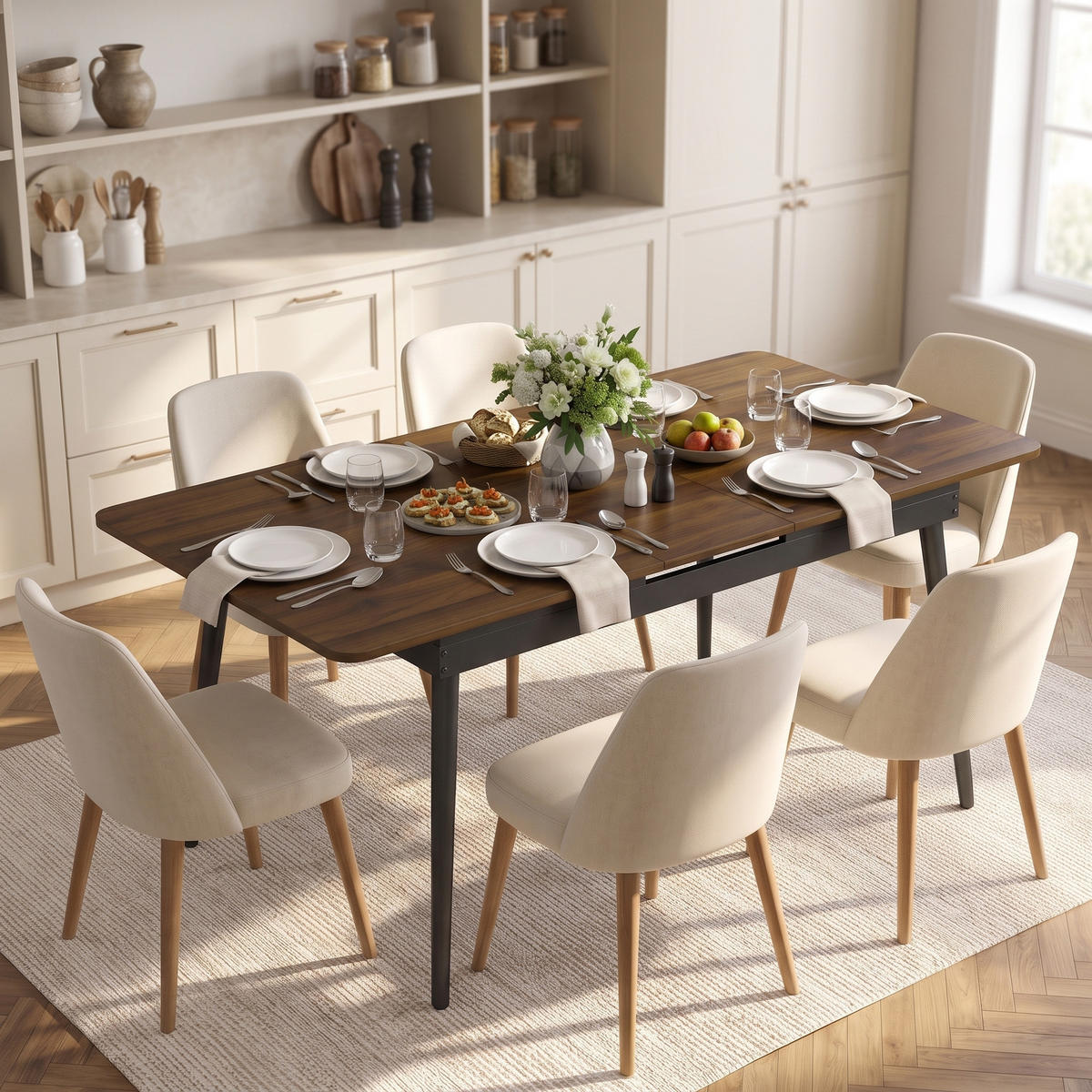 AUSZIEHBARER-ESSTISCH MDF Walnuss - Walnussfarben/Schwarz, Holzwerkstoff/Metall (160/85/75cm) - HOMCOM