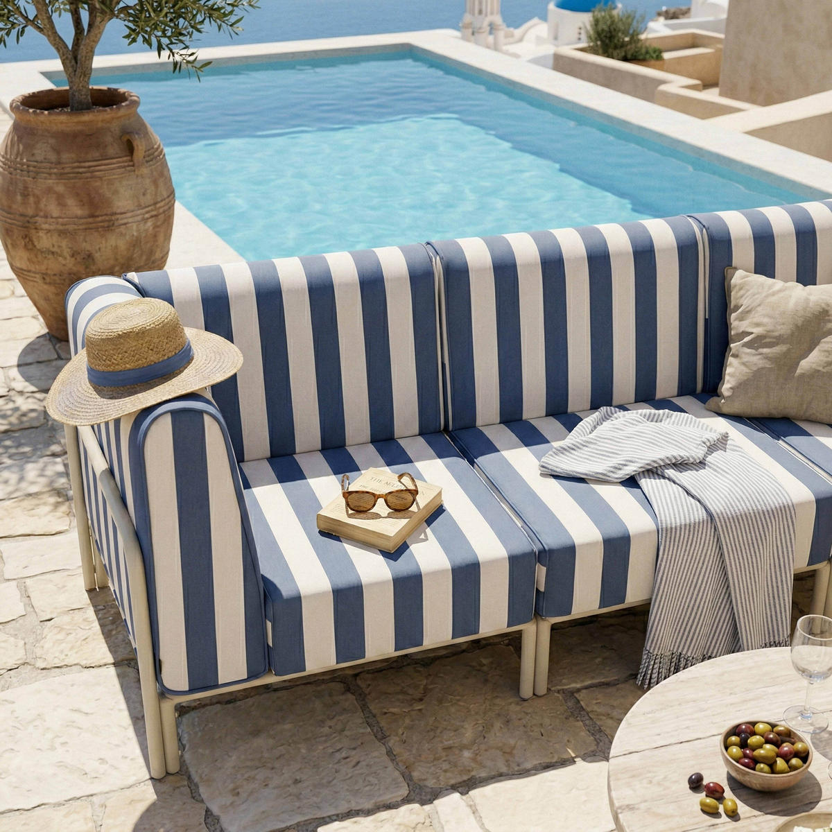 GARTENSOFA mit 3 Sitzplätzen, Blau - Blau, Textil (80/78/216cm) - Oviala
