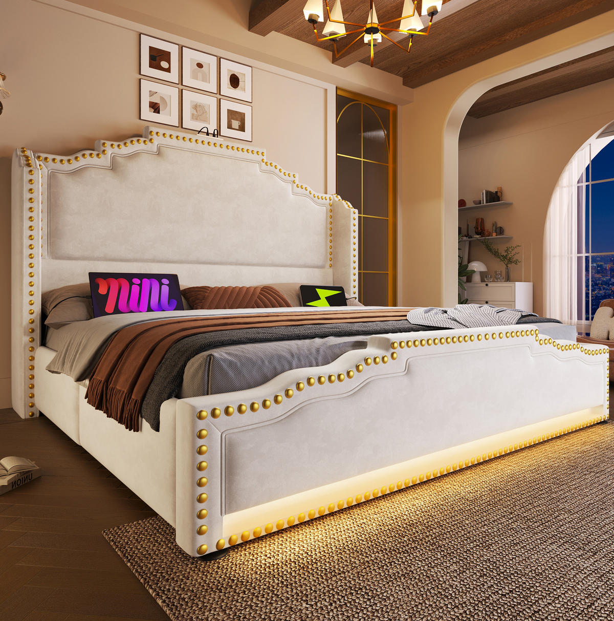 POLSTERBETT 140/200 cm in Beige mit 4 Schubladen, LED-Beleuchtung und USB-Anschlüssen - Beige, Textil (140/200cm) - Flora Grace