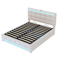 STAURAUMBETT 140/200 cm DE-01576, in Beige, mit LED-Beleuchtung, USB und hydraulischem Bettkasten - Beige, Metall (140/200cm) - ComfortXL