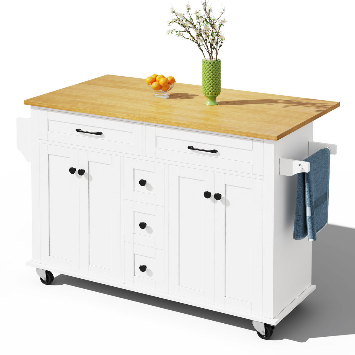 KÜCHENINSELWAGEN 140x65x89cm Weiß mit ausklappbarer Platte, Schubladen & 5 Rollen - Weiß, Holzwerkstoff (140/89/65cm) - Modfu