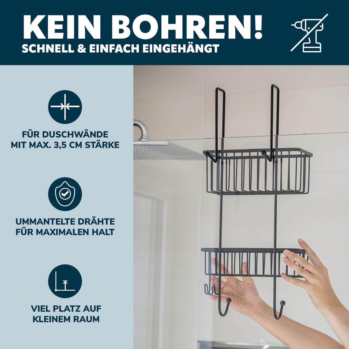 DUSCHREGAL, schwarz, Metall, Kunststoff - Schwarz, Metall (25/55/12cm) - bremermann