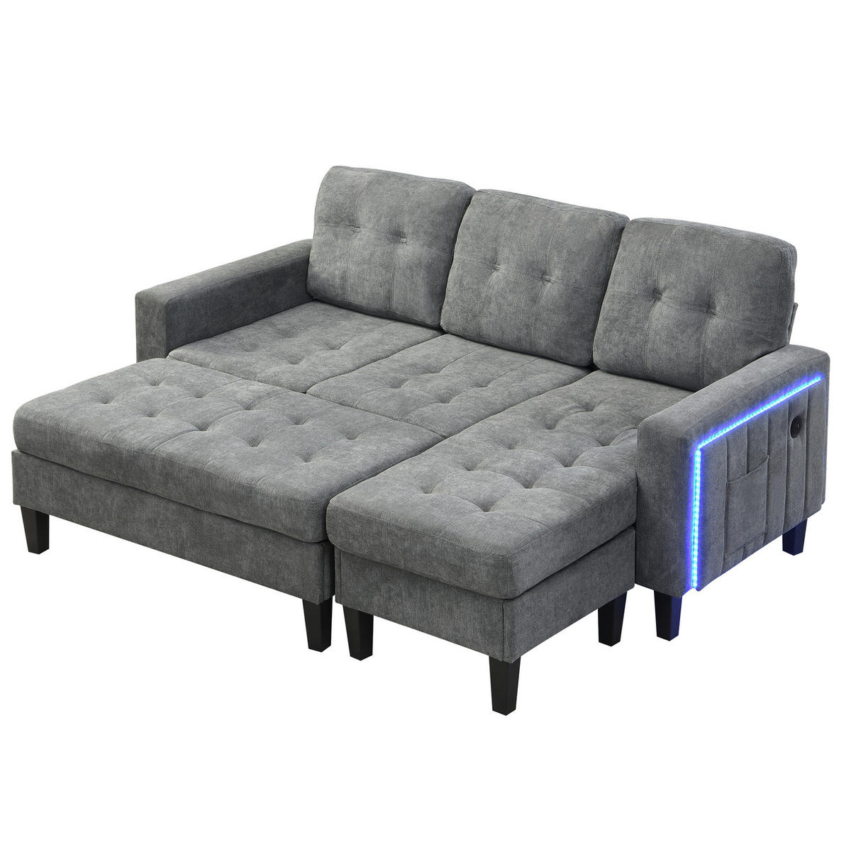 ECKSOFA 185/135/85 cm mit Schlaffunktion Antique Gray aus Chenille mit LED und USB - Grau, Kunststoff (135/185cm) - OKWISH