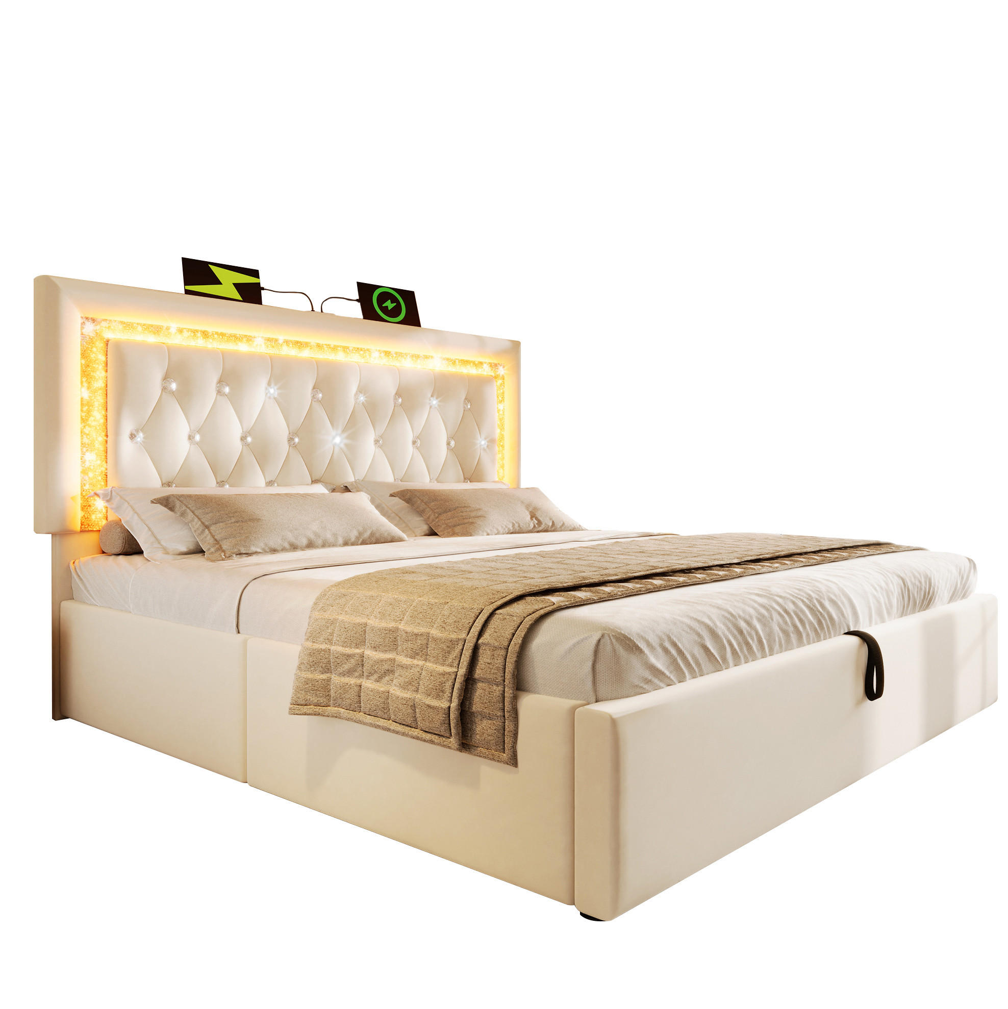 POLSTERBETT aus Samt 160x200 cm in Beige mit LED & USB-C und Matratze - Beige, Textil (160/200cm) - Modfu