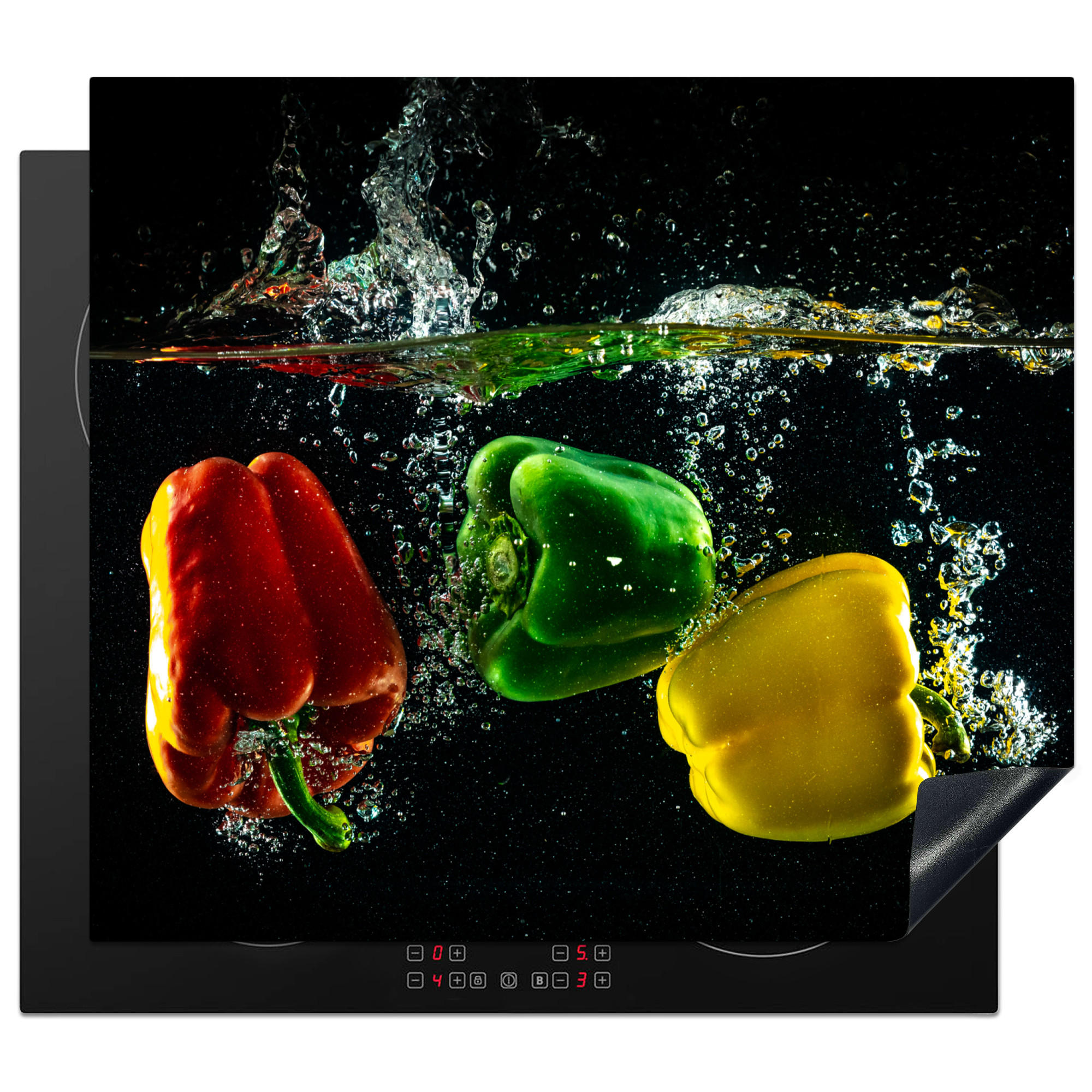 HERDABDECKPLATTE Paprika - Gemüse - Wasser - Schwarz - Rot - Grün - Gelb Abdeckung Ceranfeld 57.6x51.6 cm - Multicolor, Kunststoff (57.6/51.6/0.2cm) - MuchoWow