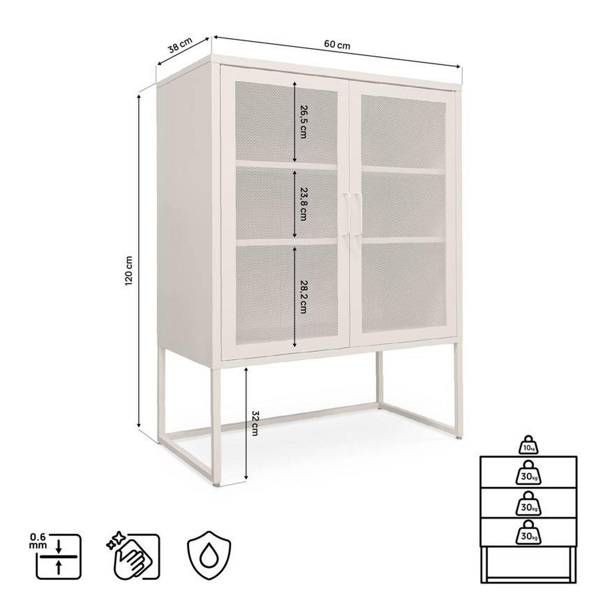 HIGHBOARD im Industrial-Design aus Metall H.120cm 2 Türen Streckmetall Beige - Kai - Beige, Metall (85/120/45cm) - Sicaan