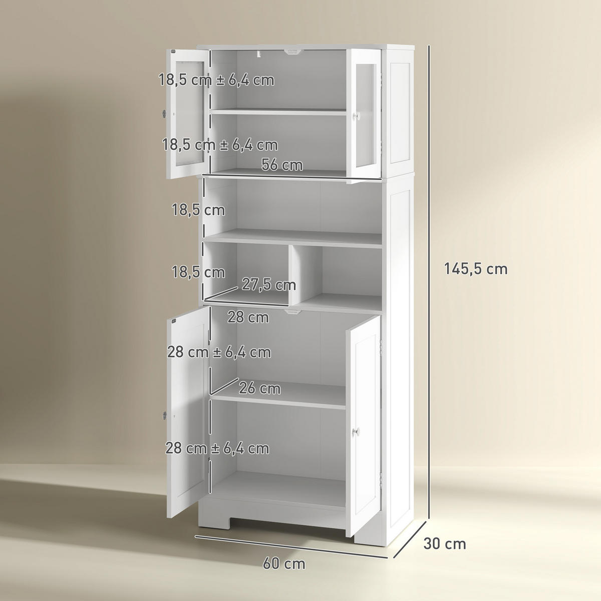 HIGHBOARD DE-11281 4 Glastüren & Nischen mit verstellbaren Böden Weiß - Weiß, Holzwerkstoff (30/145.5/60cm) - ComfortXL