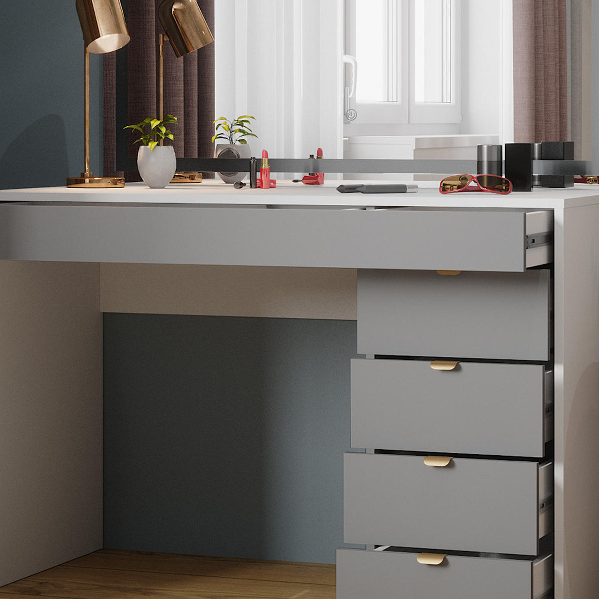 SCHMINKTISCH Elise Weiß/Grau/Grau 115 cm mit LED-Spiegel - Weiß/Grau, Holzwerkstoff (115/76/55cm) - Vicco
