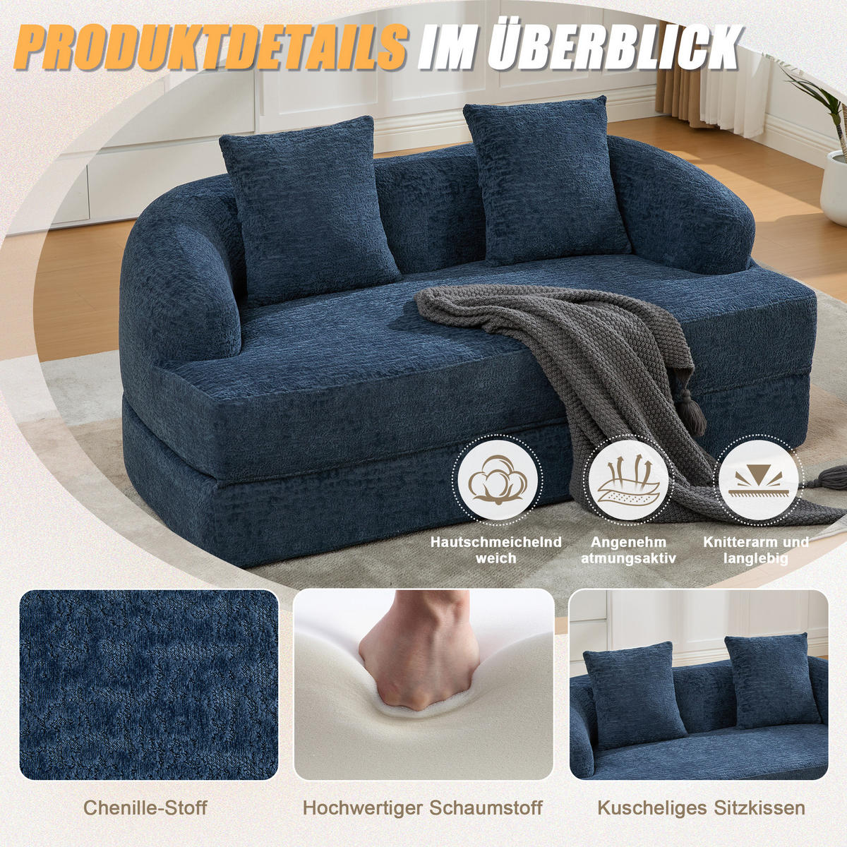 SCHLAFSOFA, 2 Sitzer aus Chenille, Klappsofa Bodensofa mit Schlaffunktion, Blau - Blau, Textil (157/44/153cm) - LVHOM
