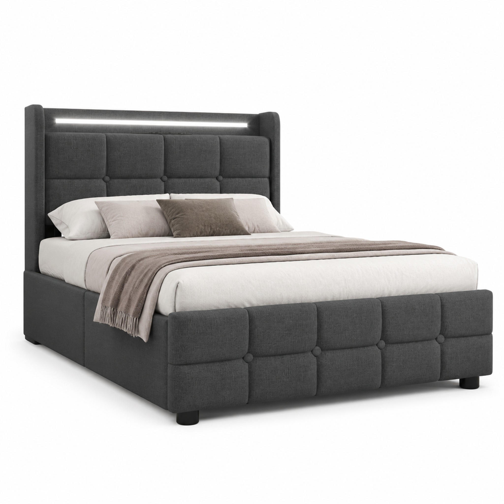 POLSTERBETT mit USB, LED und 2 Schubladen 90x200 cm Grau - Grau, Holz (90/200cm) - Meubliv