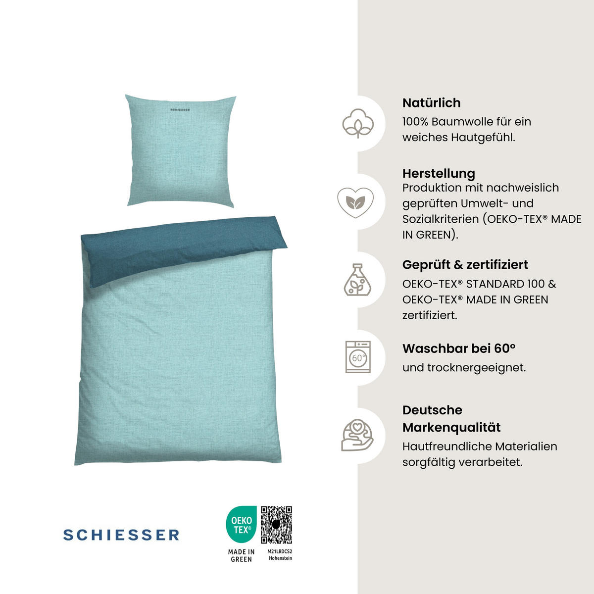 BETTWÄSCHESET Doubleface - Renforcé - 2-teilig - 155 x 220 cm - Türkis - Türkis, Textil (155/220cm) - SCHIESSER