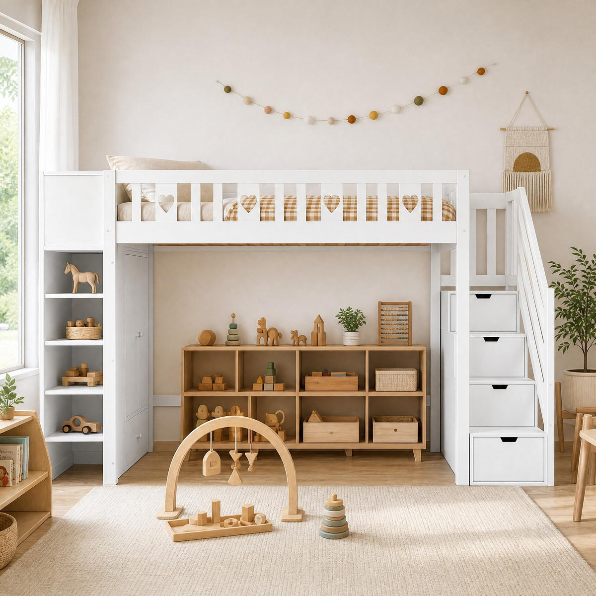 HOCHBETT 90/200 mit Stauraumleiter, Regalen und klappbarem Schrank in Weiß - Weiß, Holz (90/200cm) - EVRYAE