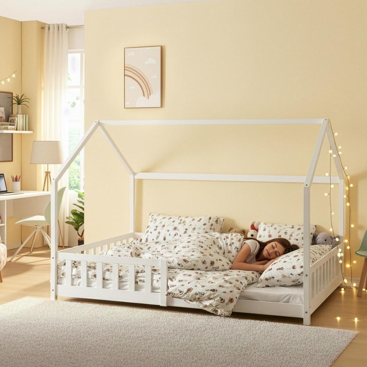 HAUSBETT Hesel - Weiß, Holz (140/200cm) - [en.casa]