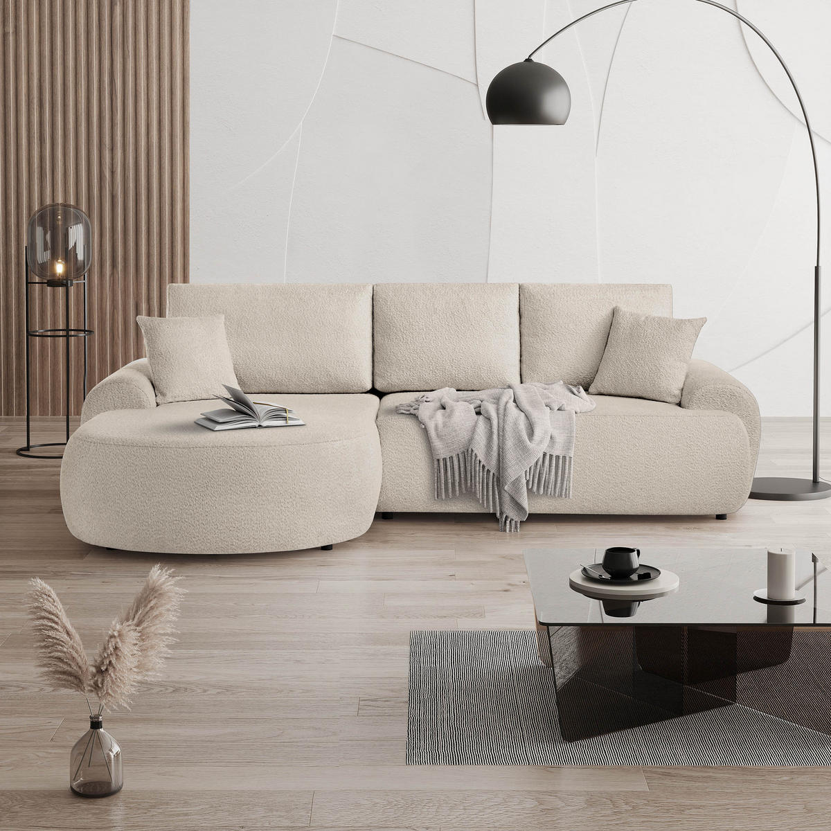 ECKSOFA Teddy L Beige, Bouclé-Stoff, links - Beige/Schwarz, Textil (270/170cm) - Beautysofa