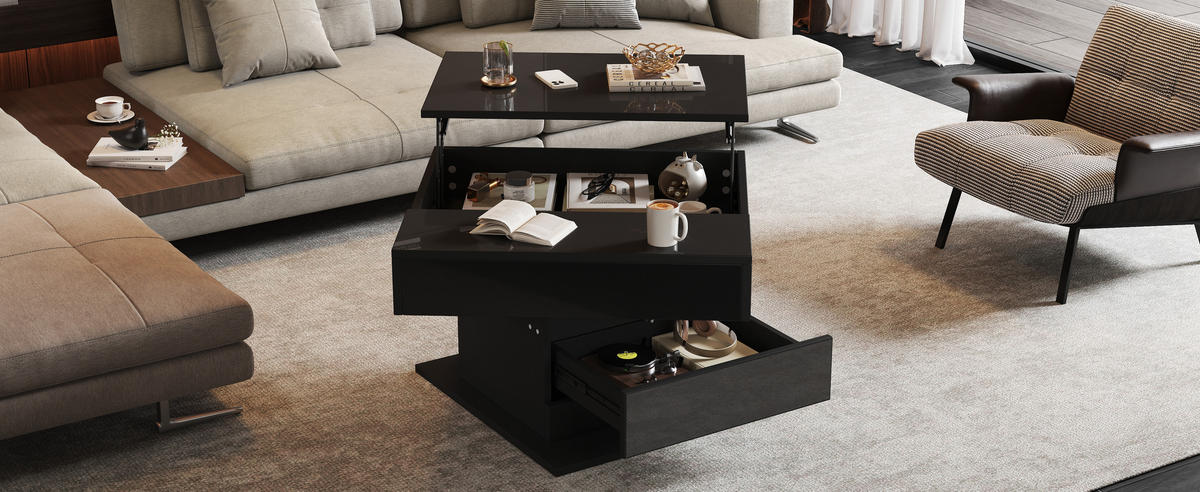 COUCHTISCH 70x70 Hochglanz Drehbar 1 Schublade Schwarz - Schwarz, Holzwerkstoff (70/70/45cm) - FLIEKS