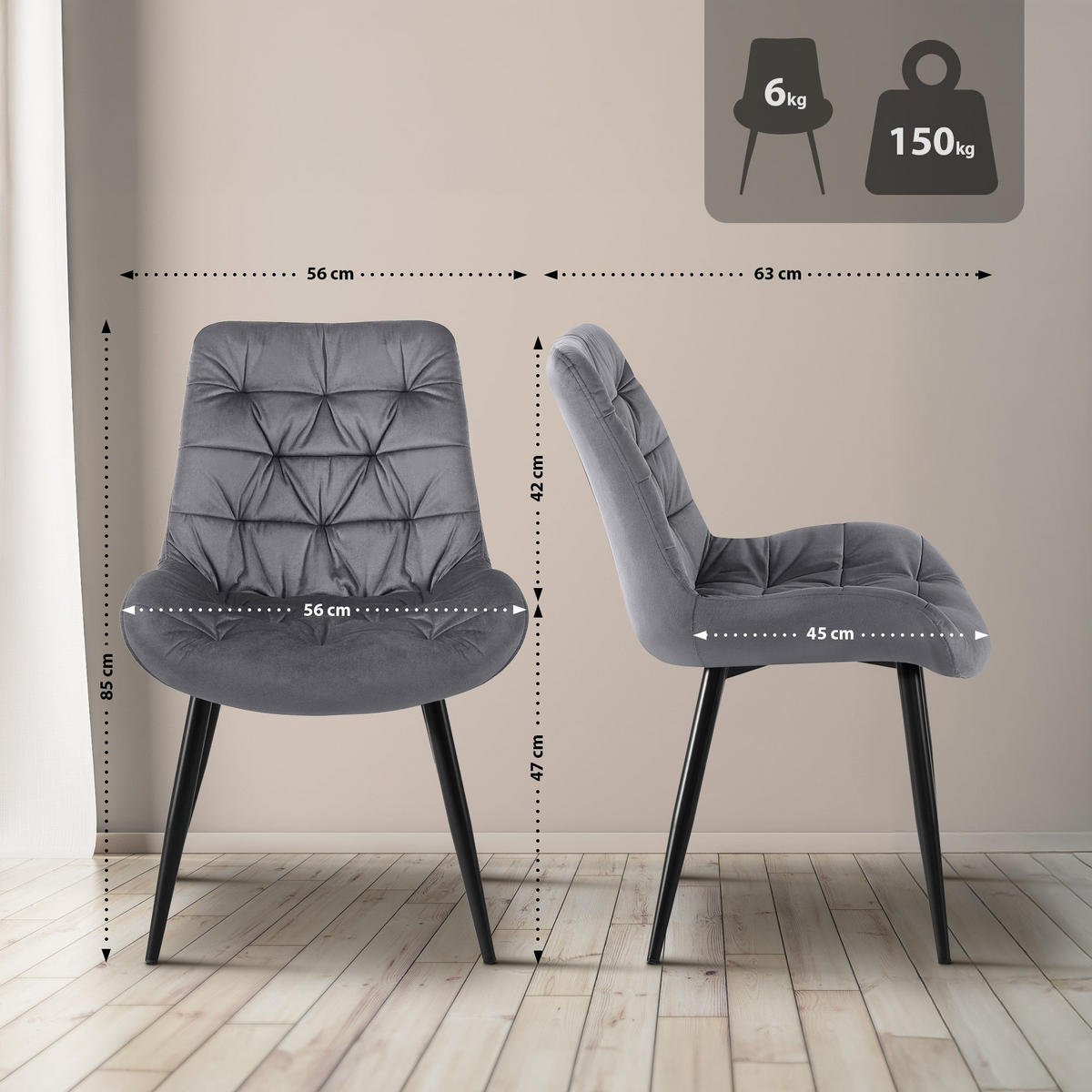ESSZIMMERSTUHL Samt Dunkelgrau - Dunkelgrau/Schwarz, Textil/Metall (56/85/63cm) - CLP