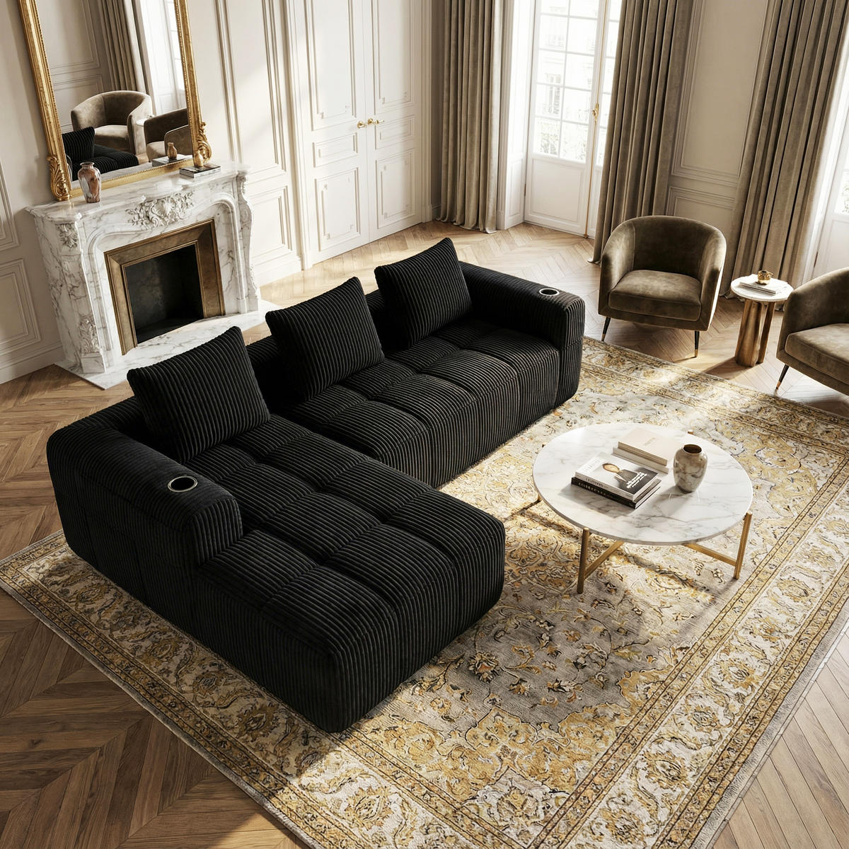 ECKSOFA 3-Sitzer mit Getränkehalter, Seitentaschen & 3 Kissen - Schwarz, Textil (253/158cm) - Urban Meuble