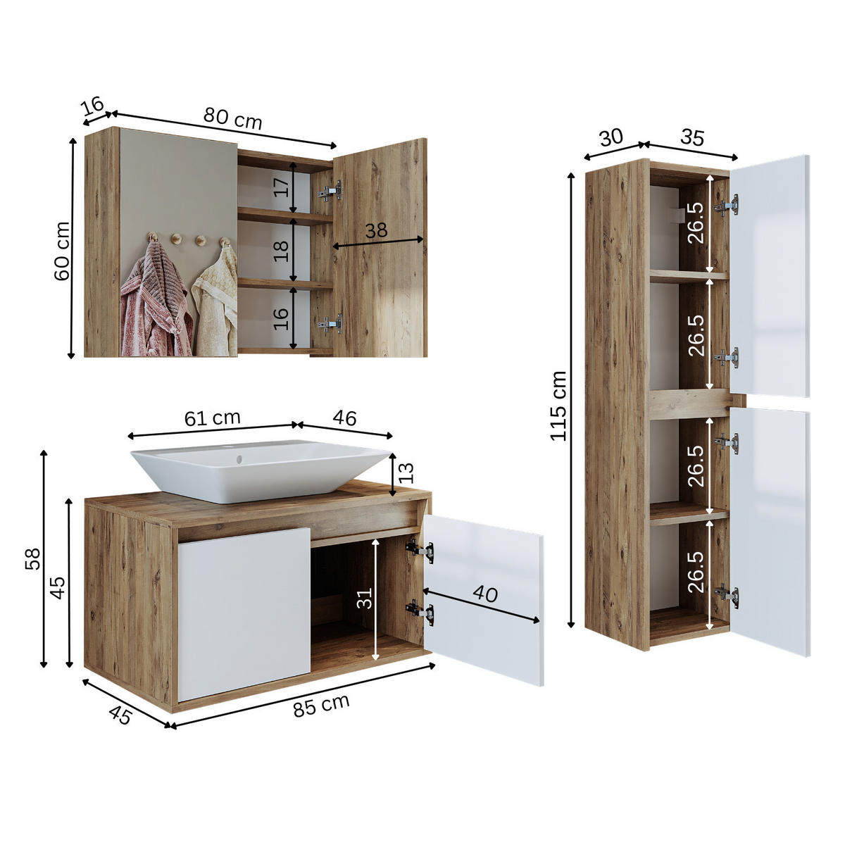 BADMÖBEL Set ATLANTIC-85 4-teilig - Eiche Bianco, Holzwerkstoff (85/150/45cm) - Roomart