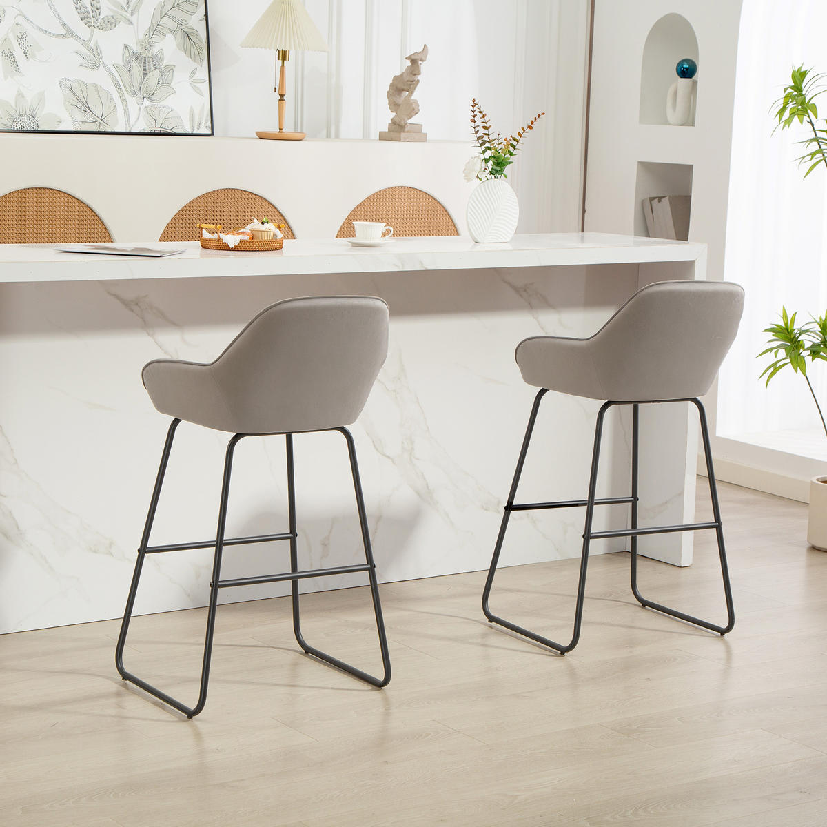 BARHOCKER 2er-Set DE-07992 mit Stoffbezug, Schaumstoffpolsterung und Armlehnen Grau - Grau, Metall (50.5/96/53cm) - ComfortXL