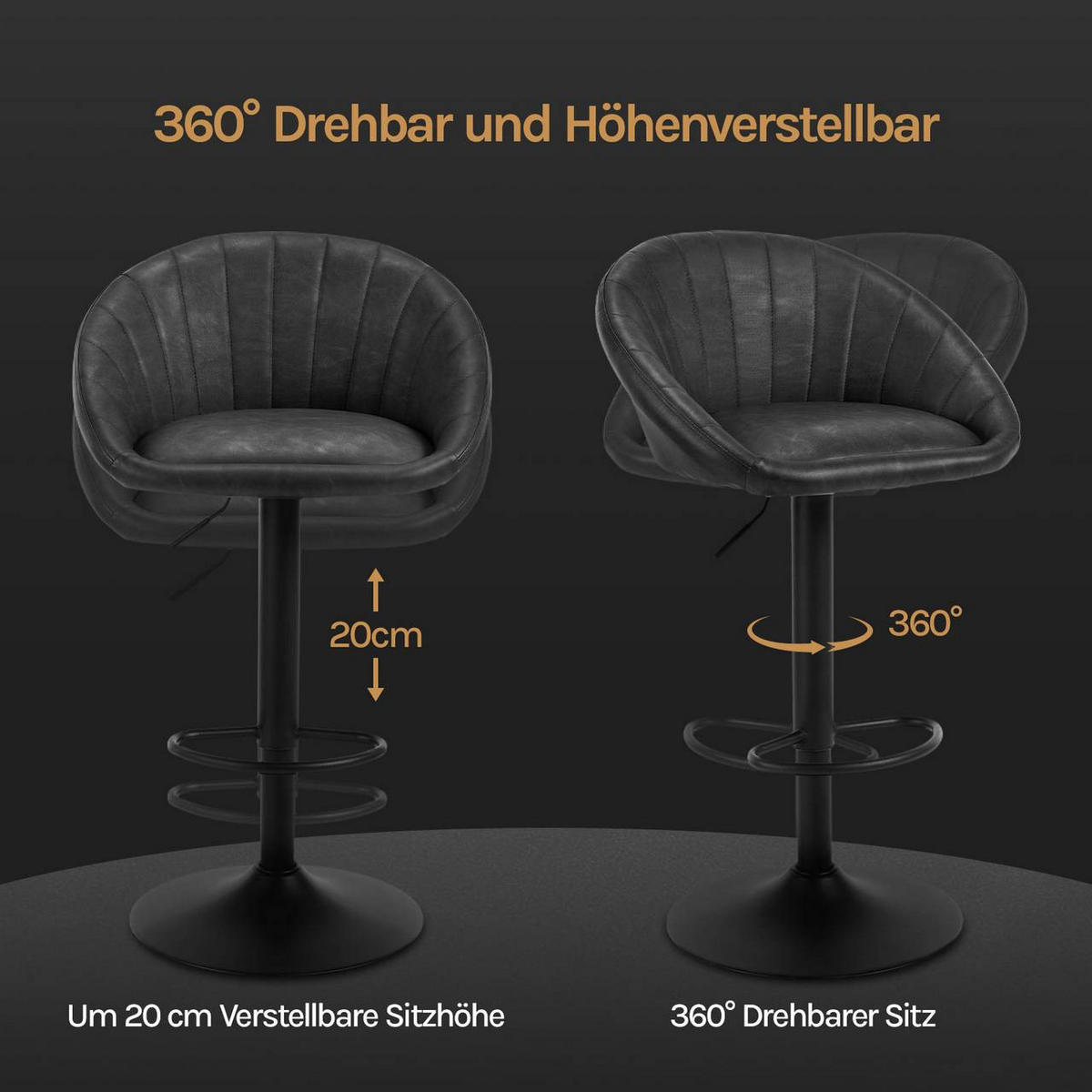 BARHOCKER 4er Set Kunstleder, Metall, Anthrazit - Anthrazit/Schwarz, Kunststoff/Metall (53/83/45cm) - Woltu