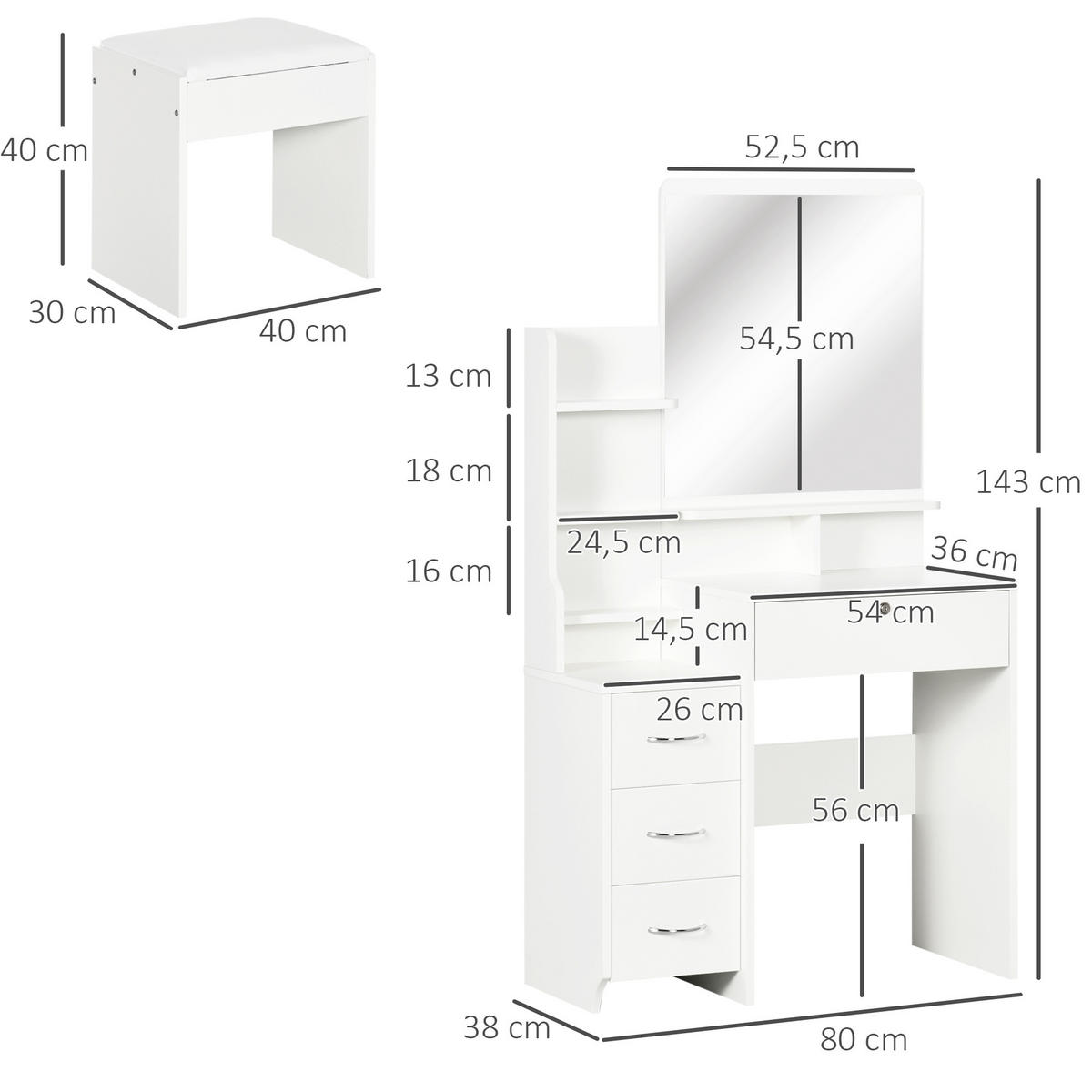 SCHMINKTISCH DE-18290 mit großem Spiegel & 4 Schubladen Weiß - Weiß, Holzwerkstoff (38/143/80cm) - ComfortXL
