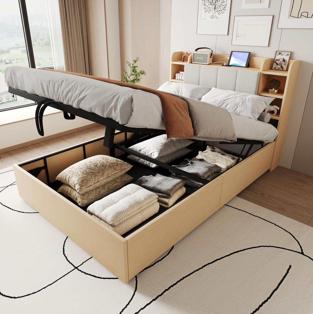 BETT 140/200 cm mit hydraulischem Bettkasten, Kopfteil mit Stauraum, USB- und USB-C-Anschluss, MDF, farbe - Naturfarben, Holzwerkstoff (140/200cm) - Redom