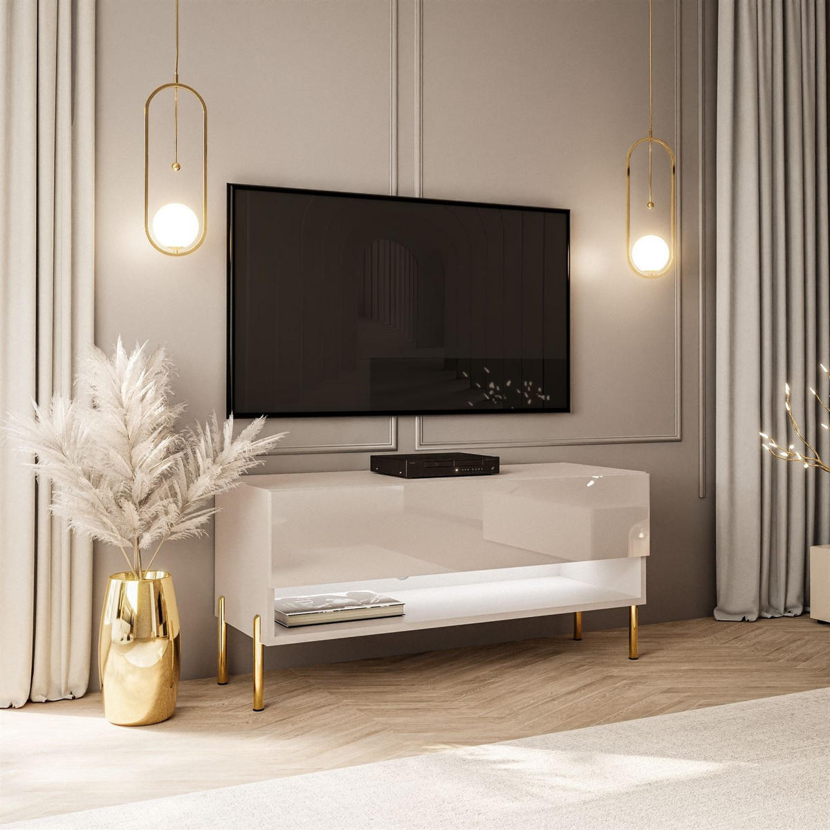 LOWBOARD TV-Schrank CALANTE 90 cm auf geraden goldenen Chrom-Beinen - Beige/Goldfarben, Holzwerkstoff/Metall (90/44/35cm) - Lookway