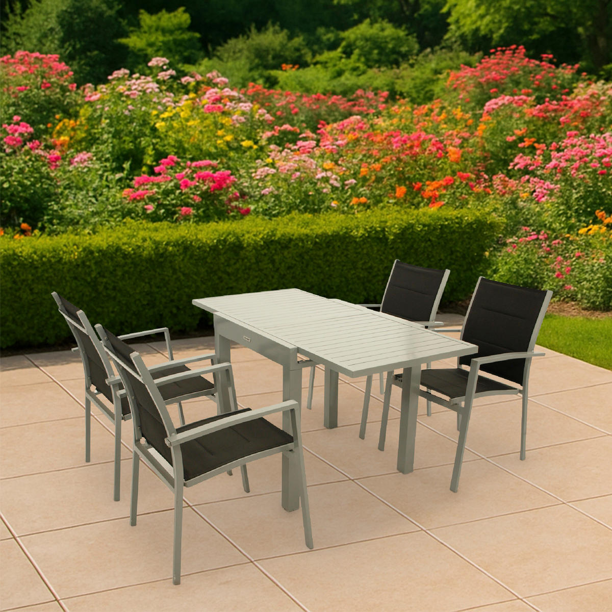 GARTEN-GARNITUR Sunderland - 5-teilige Garten-Essgruppe (4x Stapelsessel mit Aluminiumgestell, Bespannung Textillehne schwarz, - Schwarz, Metall - TPFGarden