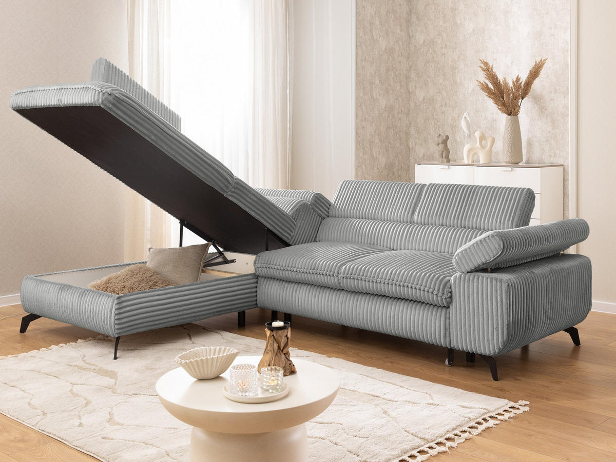 ECKSOFA mit Schlaffunktion und Bettkasten Bonnie aus Hellgrau Cord-Stoff mit verstellbaren Kopfstützen und Armlehne - Ottomane links - Hellgrau/Schwarz, Holz/Textil (275/210cm) - S-Style Möbel