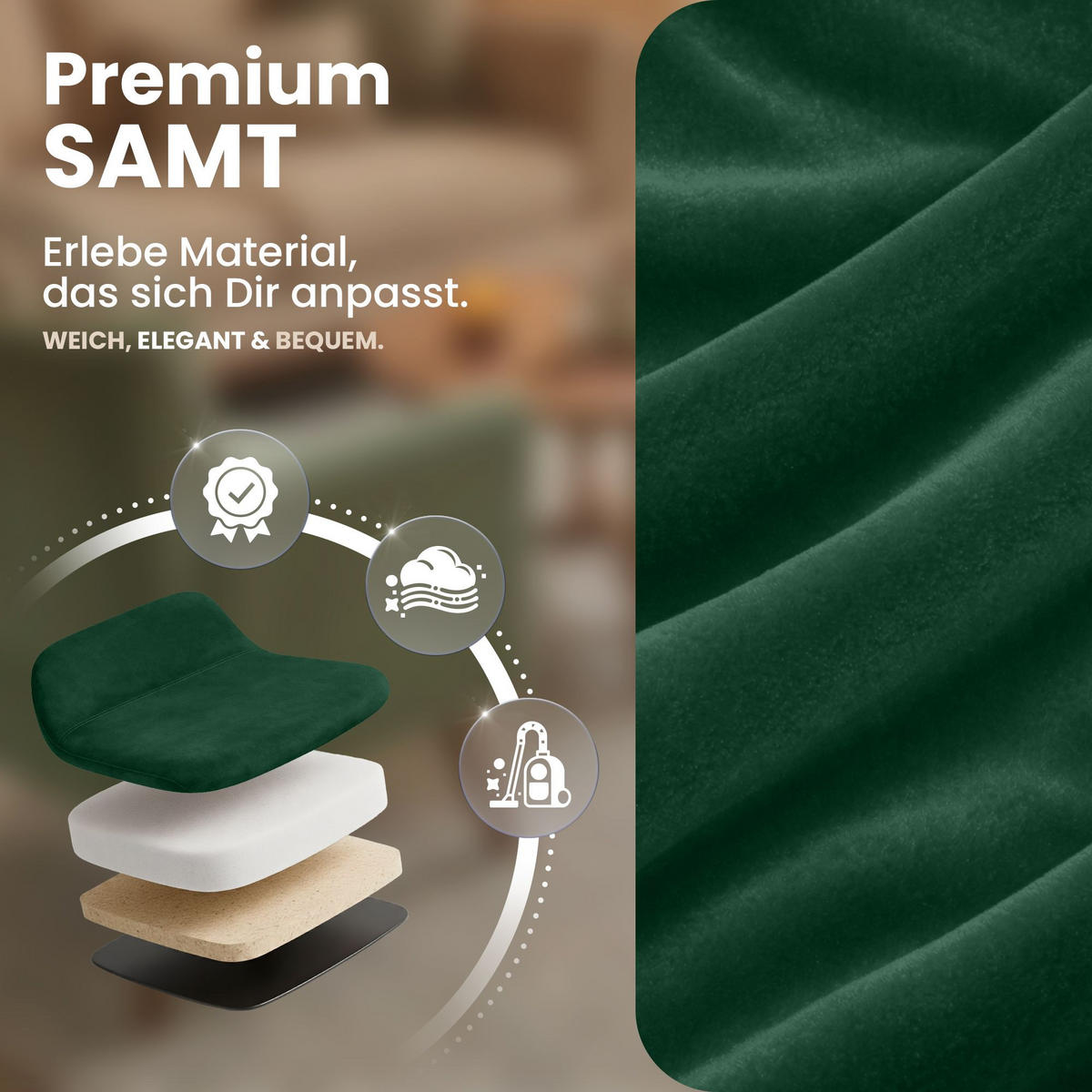 STUHL Samt Grün - Eukalyptusholzfarben/Grün, Holz/Textil (49/83/50cm) - CLP