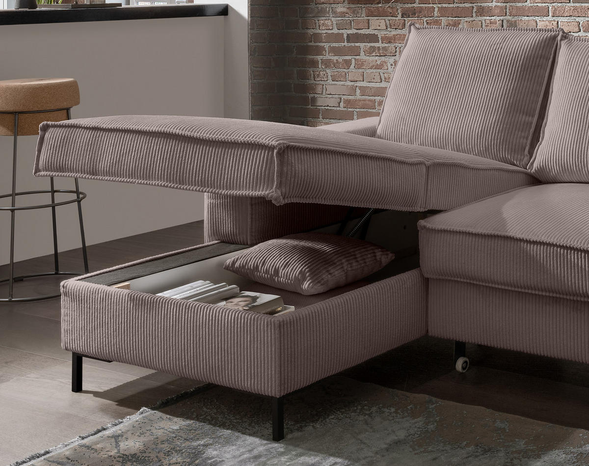 ECKSOFA mit Schlaffunktion, Bettkasten, Wellenunterfederung, Récamiere links B240/T150/H92 cm, Liegefl. 125x198 cm, Cord Braun Taupe / 17225 - Taupe/Schwarz, Textil/Metall (240/150cm) - luma-home
